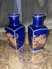 Vintage JAPAN Small bud vases cobalt blue Asian pink flowers wagon cart 3.75 in picture