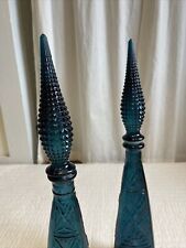 Pair of Blue Empoli “Tiki” 3 Sided Glass Decanter Genie Bottle & Stoppers MCM picture