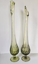2 Pc Vintage Green Olive Stretch Fenton Footed Swung Glass Vase 19.5” picture