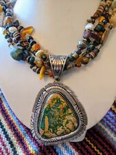 Rare Green Turquoise Beaded Necklace Heavy Silver Pendant NAVAJO Amber Malachite picture