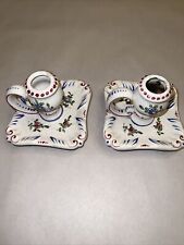 Pair Candle Holders Made In Clamecy, France  Floral Hand Painted Vintage, Signed picture