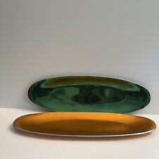 2) Mid-century Danish Modern Emalox Long Elongated Bowl Green & Gold Excellent picture