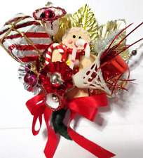 Vintage Christmas Corsage GINGERBREAD MAN package tie CANDYCANE Red Silver snA3 picture