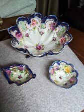 Vtg 3 PC Japan Porcelain Handpainted Berry Nut Bowls Moriage Cobalt Blue Bowls picture