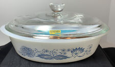 Vintage Glasbake Old Town Blue Onion Casserole Milk Glass Dish with Lid 1 Quart picture