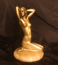Vintage Brass Statue Of Naked Female Sitting On Marble Stone, Nude Woman Statue picture