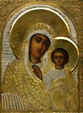 Antique 19c Russian Hand Painted Bronze Oklad Wood Icon Kazan' Virgin RARE picture