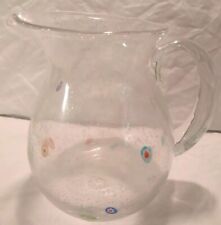 Hand Blown Clear Bubble Glass Millefiori Flower Drink Pitcher Applied Handle picture