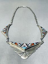 UNBELIEVABLE VINTAGE ZUNI TURQUOISE MOTHER OF PEARL STERLING SILVER NECKLACE picture