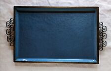 Vtg MCM Kyes Serving Tray Blue Moire Glaze / Scroll Handles Hand Wrought, CA picture