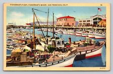 c1940s San Francisco CA Fisherman's Fleet & Wharf US Flag VINTAGE Postcard picture