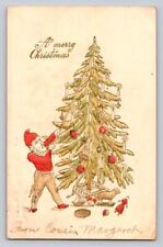 c1905 Elf Decorating Tree  Hand Colored Pretzel Candles Ornament Christmas P332 picture