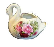 Swan Figurine Vase Planter Baum Brothers Formalities Porcelain Red Pink Roses picture