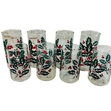 8 vtg Indiana Glass Holly Berries Christmas tall & sm tumblers drinking glasses picture