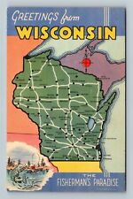 WI-Wisconsin, LARGE LETTER Greetings, State Map Vintage Souvenir Postcard picture