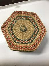 Vintage Hexagon Lidded Basket W/Red Tight Weaved  picture