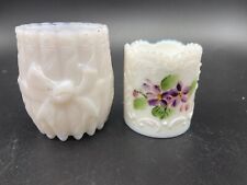 2 milk Glass Match or Toothpick Holder  Banded Cigar & Painted Signed Floral picture