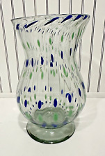Vintage Blue & Green Polka Dots Home Decorative Hand Blown Swirl Glass Vase picture