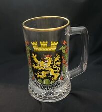Vintage Heidelberg Germany glass BEER STEIN Coat of Arms gold rim Etched Hops picture