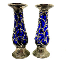 Vintage Cobalt Blue Glass & Silver Pillar Candle holders Set Ornament set of 2 picture