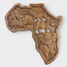 VTG Hand Carved Wood Africa Continent Wall Hanging Artwork Animals Lion Elephant picture
