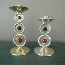 VTG. / MCM  PAIR of  MODERN 1940's SILVERPLATED CANDLEHOLDERS with CABOCHONS picture
