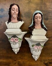 Vintage MCM Ceramic Jesus And Mother Mary Busts Wall Plaque Hanging 2-Piece Set picture