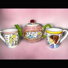 RARE Blond Amsterdam Ceramic Teapot and 2 Mugs Whimsical Blah Blah Blah Series picture