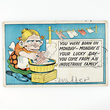 Monday Birth Laundry Woman Postcard c1905 Lucky Day Washing Hanging Lady C1799 picture