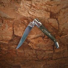 FRENCH LAGUIOLE FOLDING POCKET KNIFE WITH WOODEN HANDLE AND GREEN LEATHER SHEATH picture