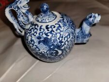 Vintage Asian Oriental Blue White Dragon Chinese Teapot Signed picture