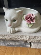 Capodimonte Italy Cat Kitten Kitty Painted Planter Vase Bowl Applied Rose Floral picture