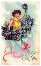 New Year Greeting Cute Fairy Girl Flower Whimsical Postcard c.1910 *FOXING* picture