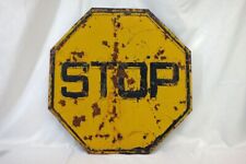 Vintage Early Heavy Gauge Embossed Steel Stop Sign Yellow 24 Inch picture