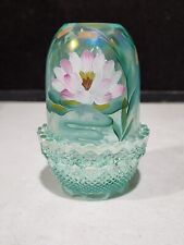 Handpainted Fenton Glass Quilted Optic Sea Mist Green Waterlily Fairy Light picture