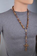 Rosary Necklace for Men Wooden Brown Carved Beads Strong Cord Rope Catholic picture
