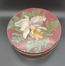 Vintage Decorative Cattleya Orchid Fern Floral Round Tin 8 1/2