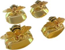 Hans Turnwald Set 4 Bee Bumblebee Enamel Crystal Napkin Rings Signed Gold Plated picture