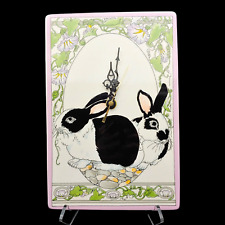 Bunny Rabbit Ceramic Wall Clock - 7x11 vtg 1980s Black White Flowers Japan AS IS picture