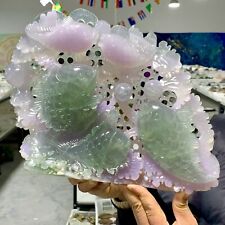 10.89LB Natural purple green fluorite crystal hand carved shoal of fish healing picture
