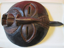 OLD VTG TRIBAL MASK OPEN MOUTH ROUND FACE CARVED WOOD GHANA AFRICAN BIRD MOTIF picture