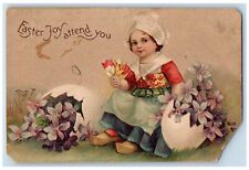 Easter Postcard Dutch Kid Hatched Eggs With Flowers Embossed 1908 Posted Antique picture