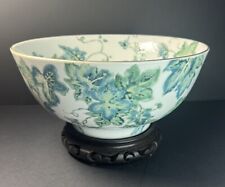 Asian Decorative Bowl White Porcelain  Green/Blue Ivy Gold Trim & Rosewood Base picture