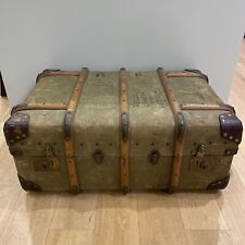 Antique 1910s World War 1 WW1 Canada Army Wood Banded Steamer Deployment Trunk picture