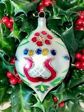 Vintage TEARDROP Hand Painted BLOWN GLASS Christmas Ornament FLORAL HOLLY picture