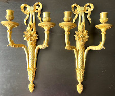 Antique Victorian French Double Arm Gilt Bronze Wall Sconce Candle Holders Pair picture