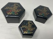 Vintage Complete Set 3 Oriental Lacquered Finish Nesting Jewelry Trinket Boxes picture