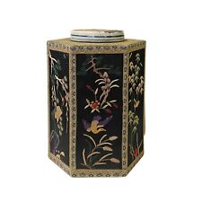 Chinese Black Hexagon Container Flower Birds Embroidery Porcelain Cover ws2659 picture
