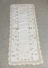 VINTAGE Cotton Ivory Cut Out Crochet Lace Embroidery Table Runner 32” x 14” picture