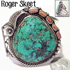 Vtg Huge Signed RS Roger Skeet Navajo Turquoise & Coral Sterling Cuff Bracelet picture